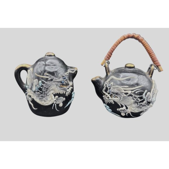 Vintage Japanese Moriage Dragonware Salt & Pepper Shakers Teapot Design - Picture 1 of 8